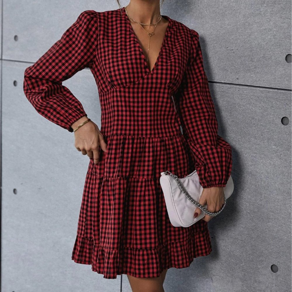 LAST ONE 🔥 Gingham Bishop Sleeve Ruffle Hem Dress